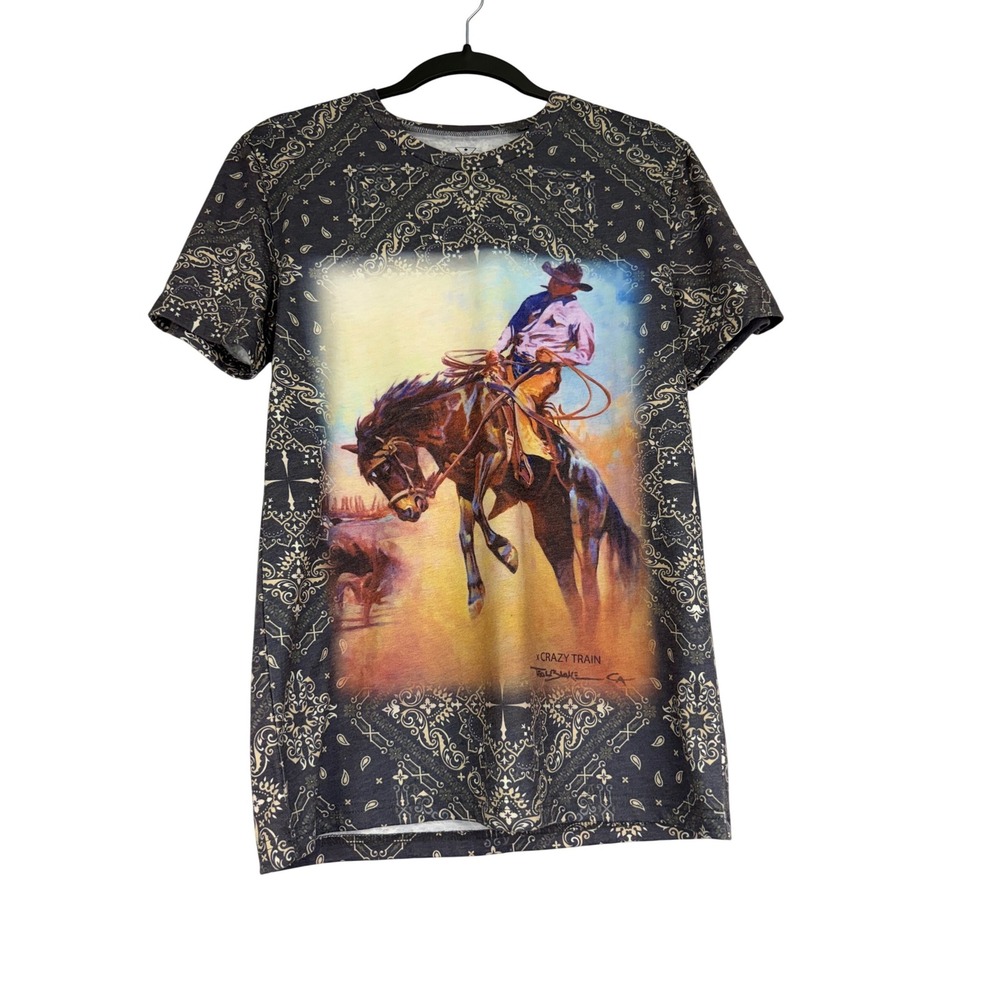 Crazy Train Teal Blake Cowboy Bronc Rider Bandana Paisley Graphic Tee‎ XS Black